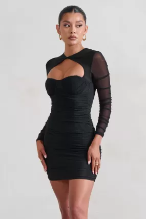 Daiquiri | Black Ruched Cut Out Mesh Mini Dress With Long Sleeves