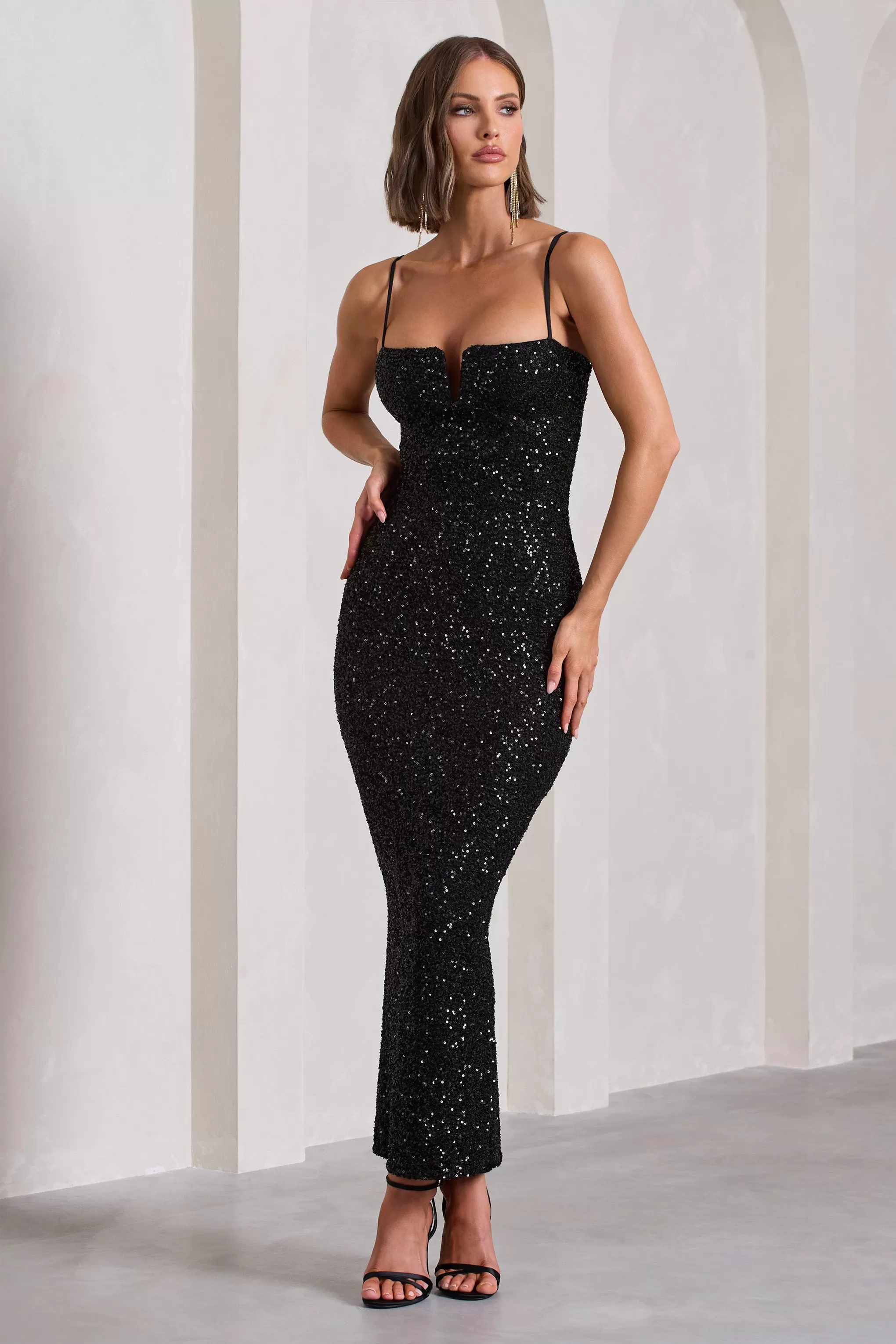 Dazzle Me | Black Sequin Strappy Bodycon Maxi Dress