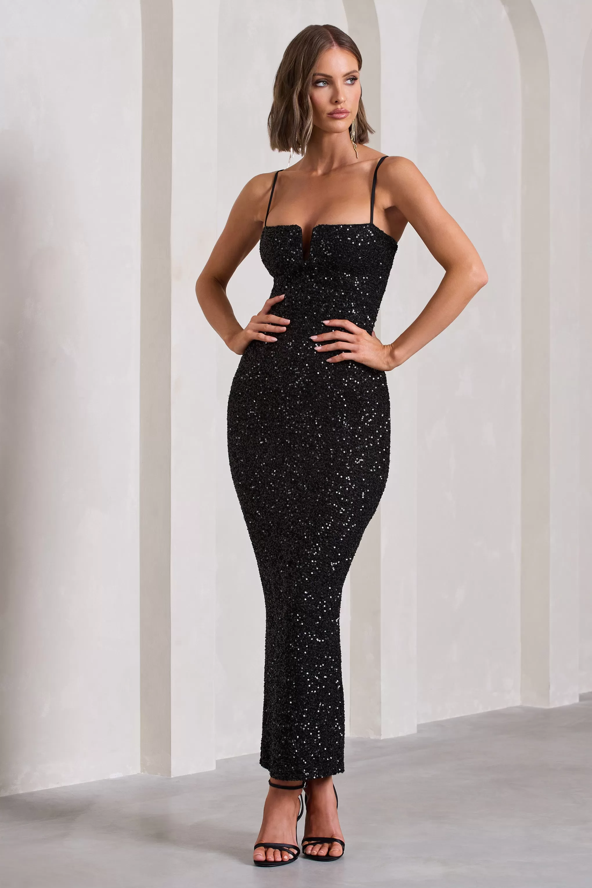 Dazzle Me | Black Sequin Strappy Bodycon Maxi Dress