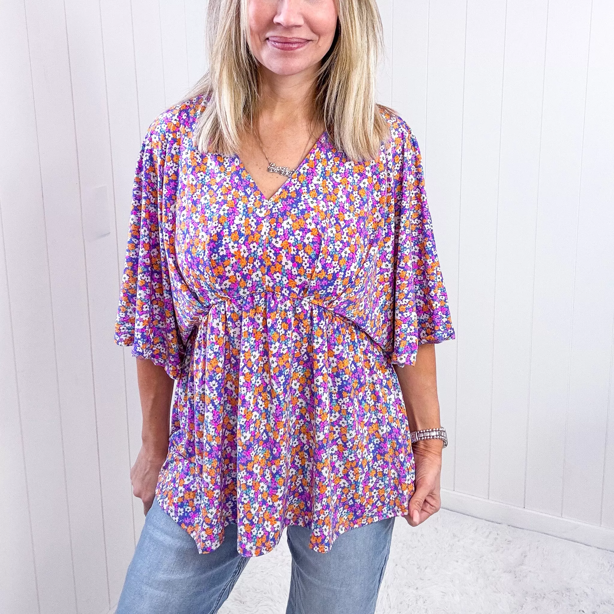 Dear Scarlett Dreamer Peplum Top in Purple Retro Ditsy Floral