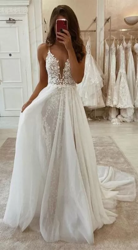 Deep V Neck Ivory Lace Long Wedding Dresses, White Lace Formal Evening Prom Dresses with High