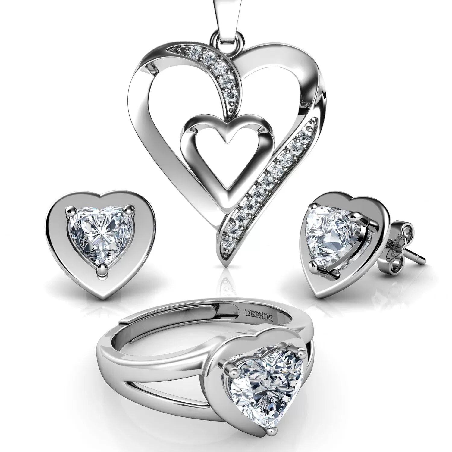 DEPHINI - Jewellery set - Heart Necklace Earrings & Ring - 925 Silver