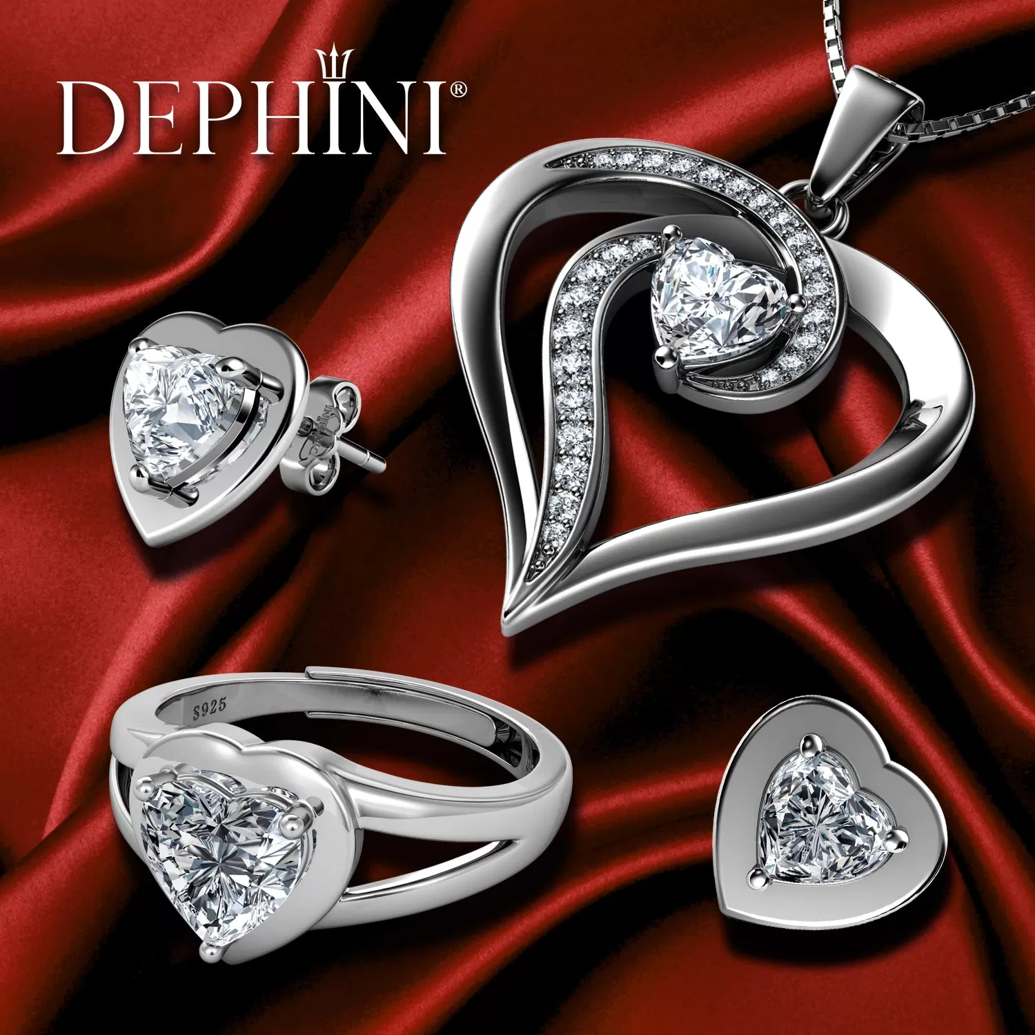 DEPHINI - Luxury Jewellery set- Necklace studs & Ring - 925 Silver