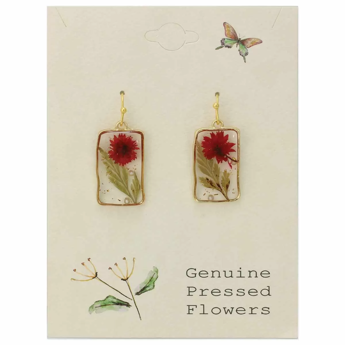 Earrings - Cottage Red Dried Flower Rectangle Earrings