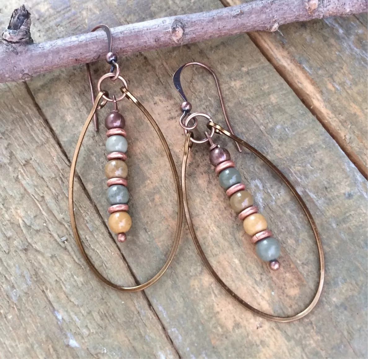 Earthy Owyhee Jasper Stone Earrings with Hammered Copper Hoop