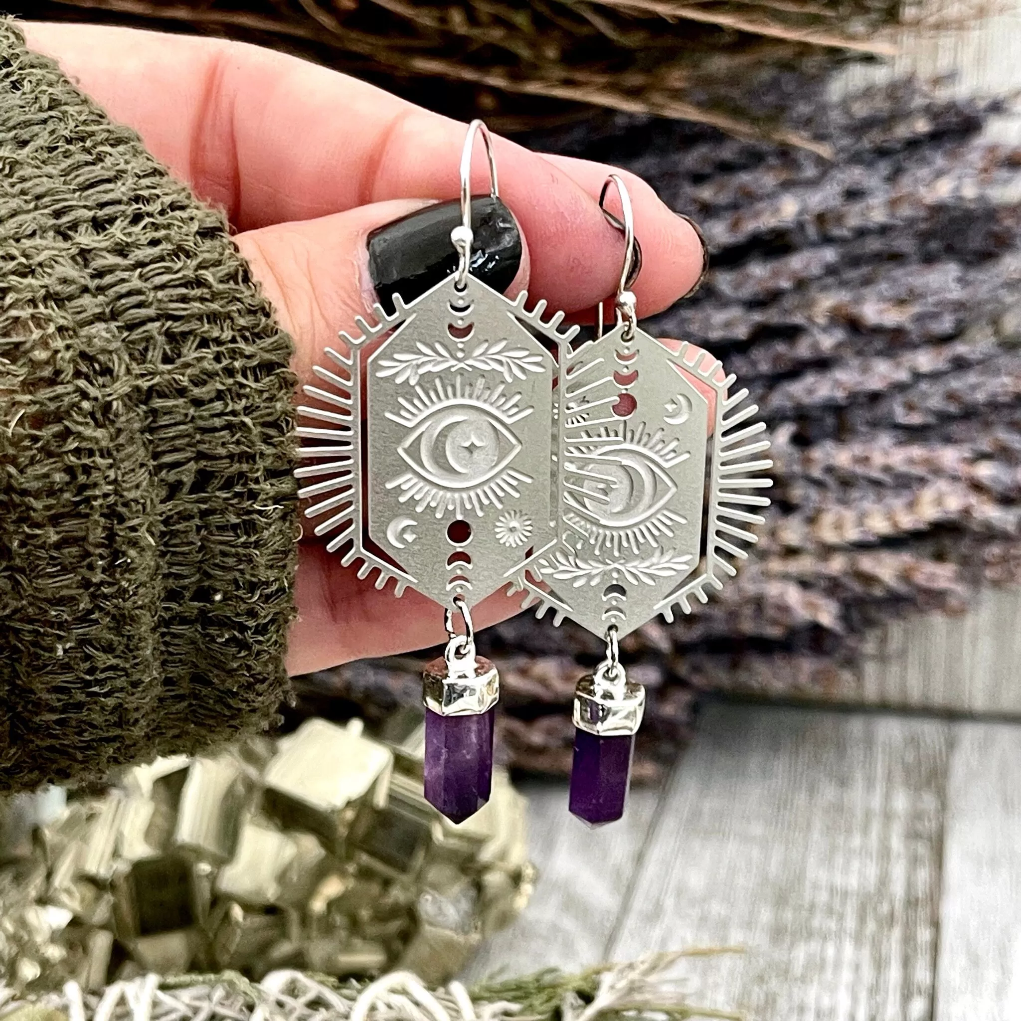 Evil Eye and Amethyst Earrings Sterling Silver & Stainless Steel Earrings /