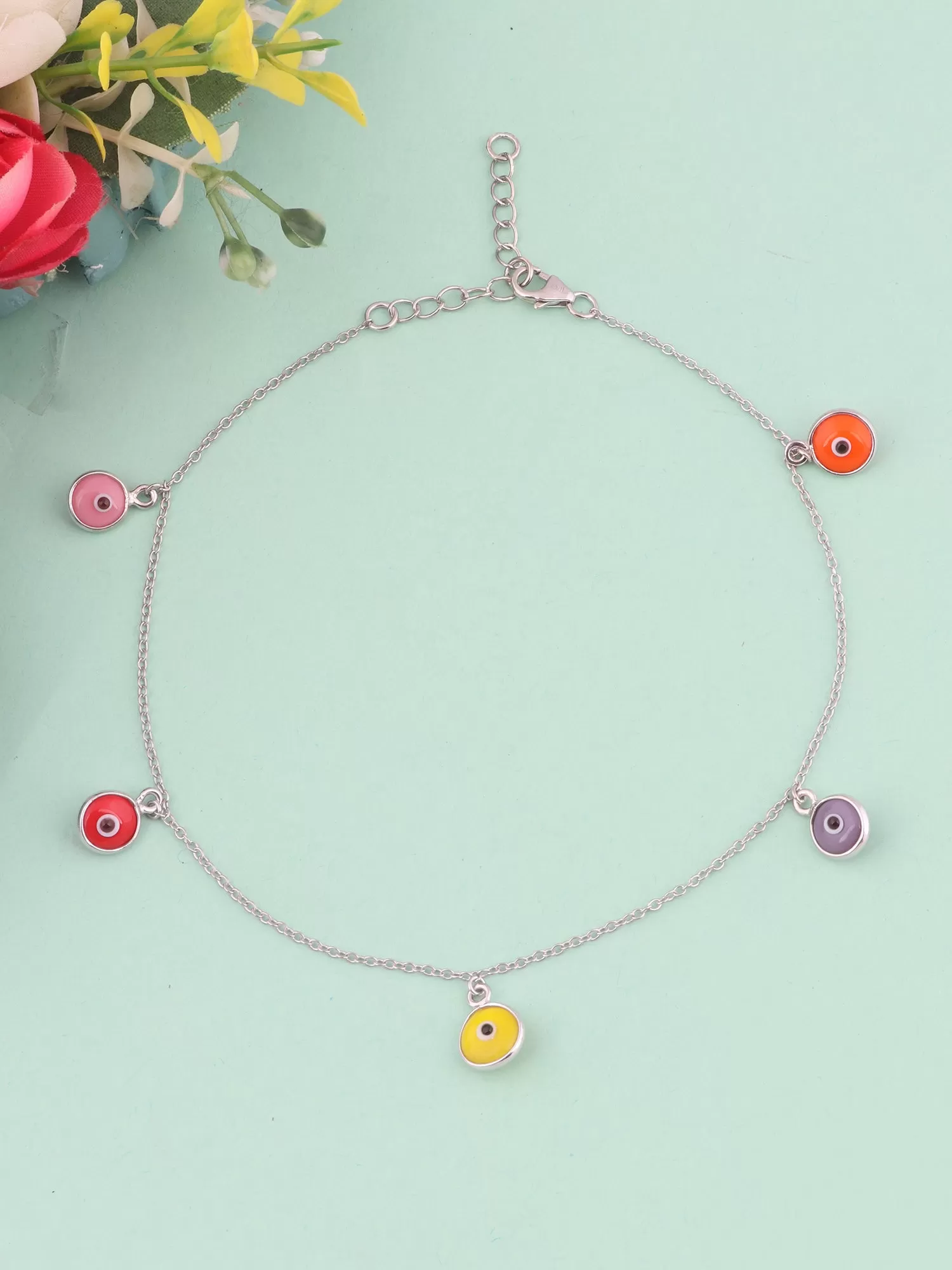 Evil Eye Multi Charm 925 Silver Anklet For Girls