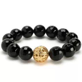 Faceted Black Agate 14mm Gemstone Bead Elastic Bracelet with Gold Accent Bead