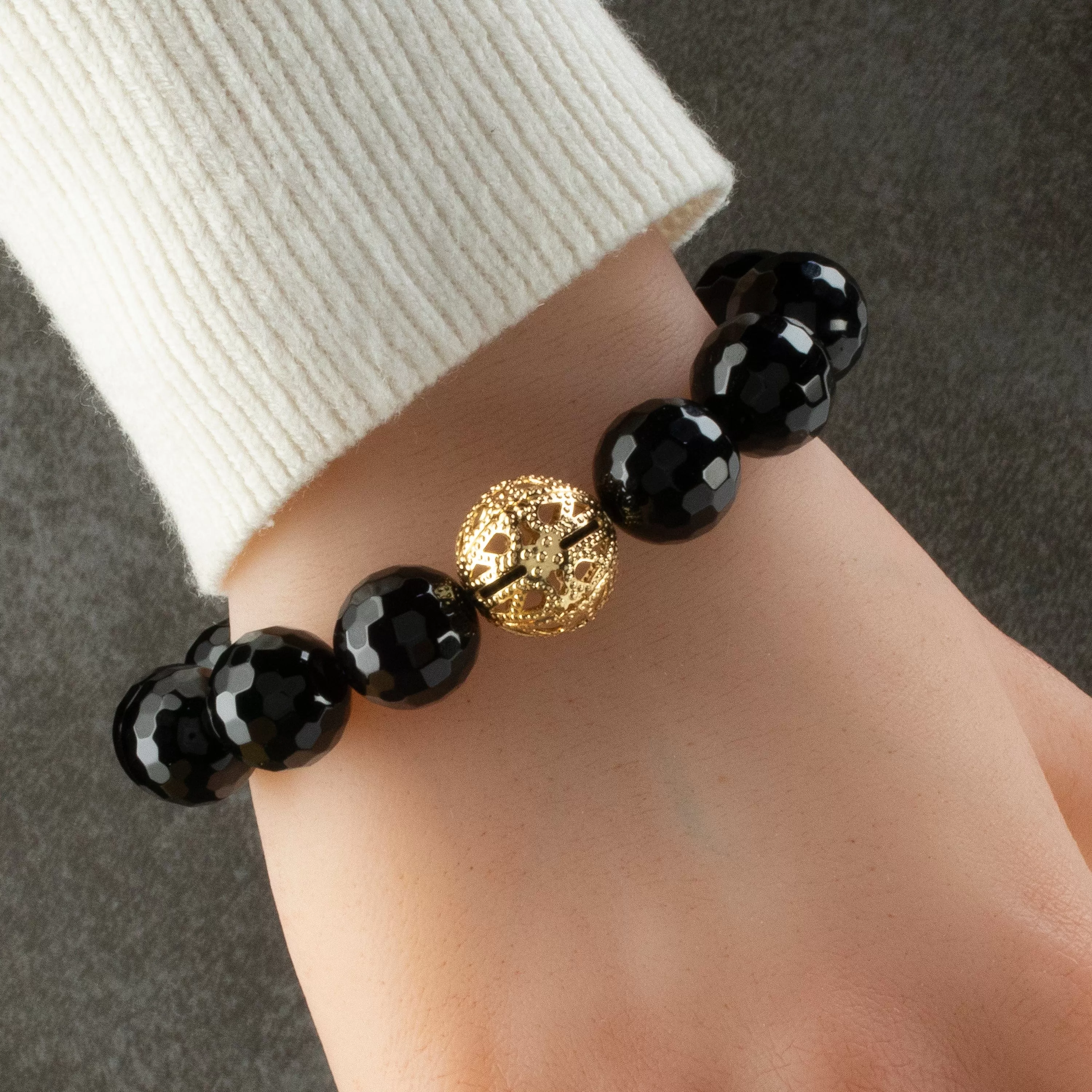 Faceted Black Agate 14mm Gemstone Bead Elastic Bracelet with Gold Accent Bead