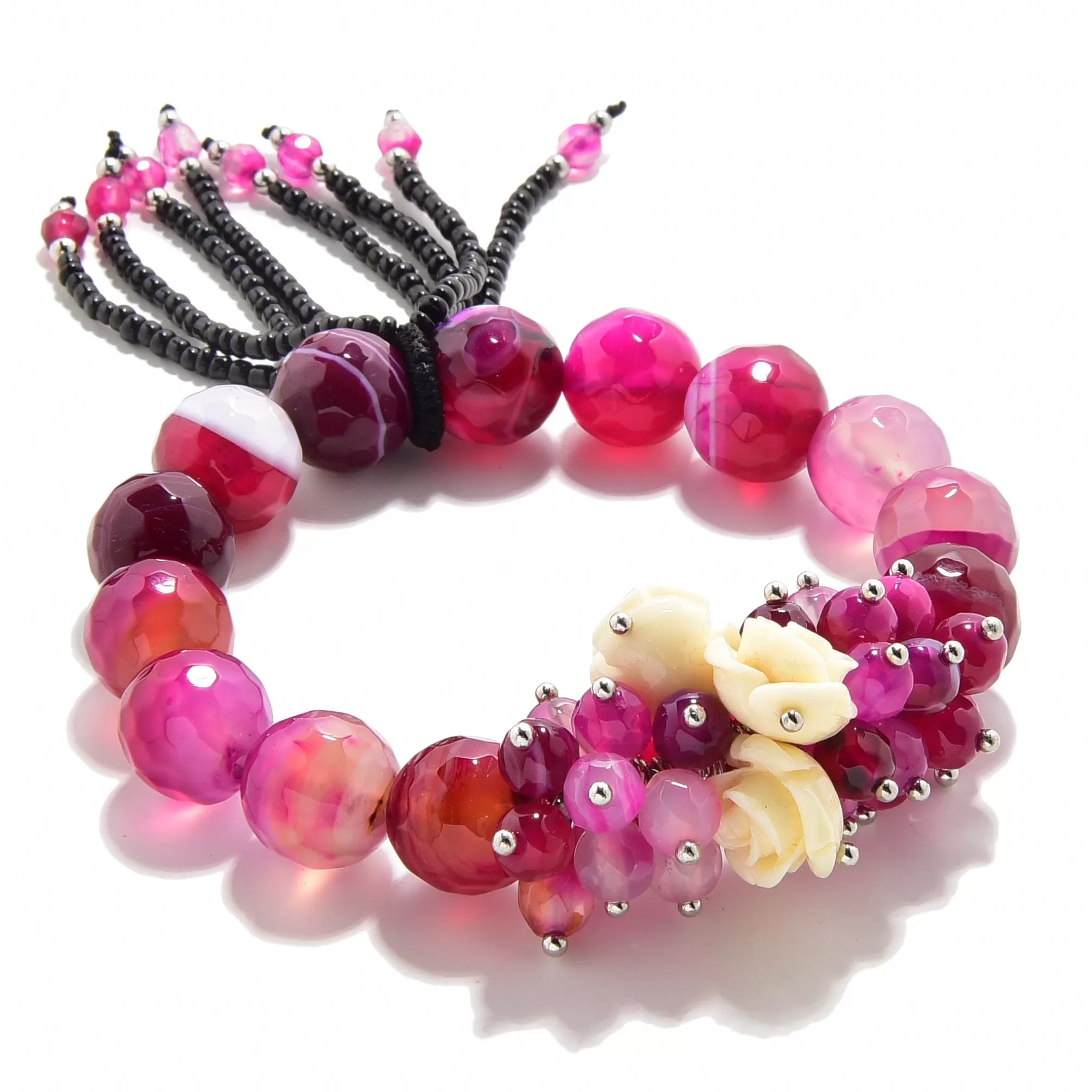 Faceted Pink Agate with Flower Accents 12mm Gemstone Bead Elastic Bracelet