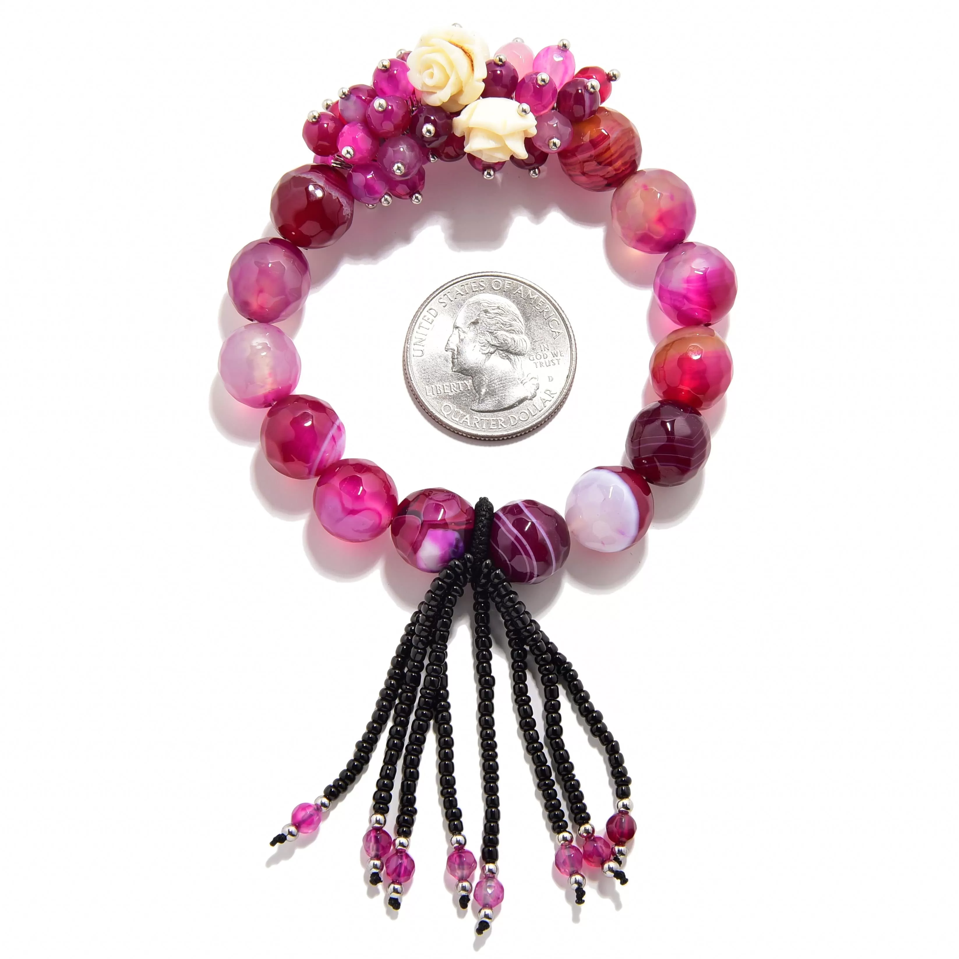 Faceted Pink Agate with Flower Accents 12mm Gemstone Bead Elastic Bracelet