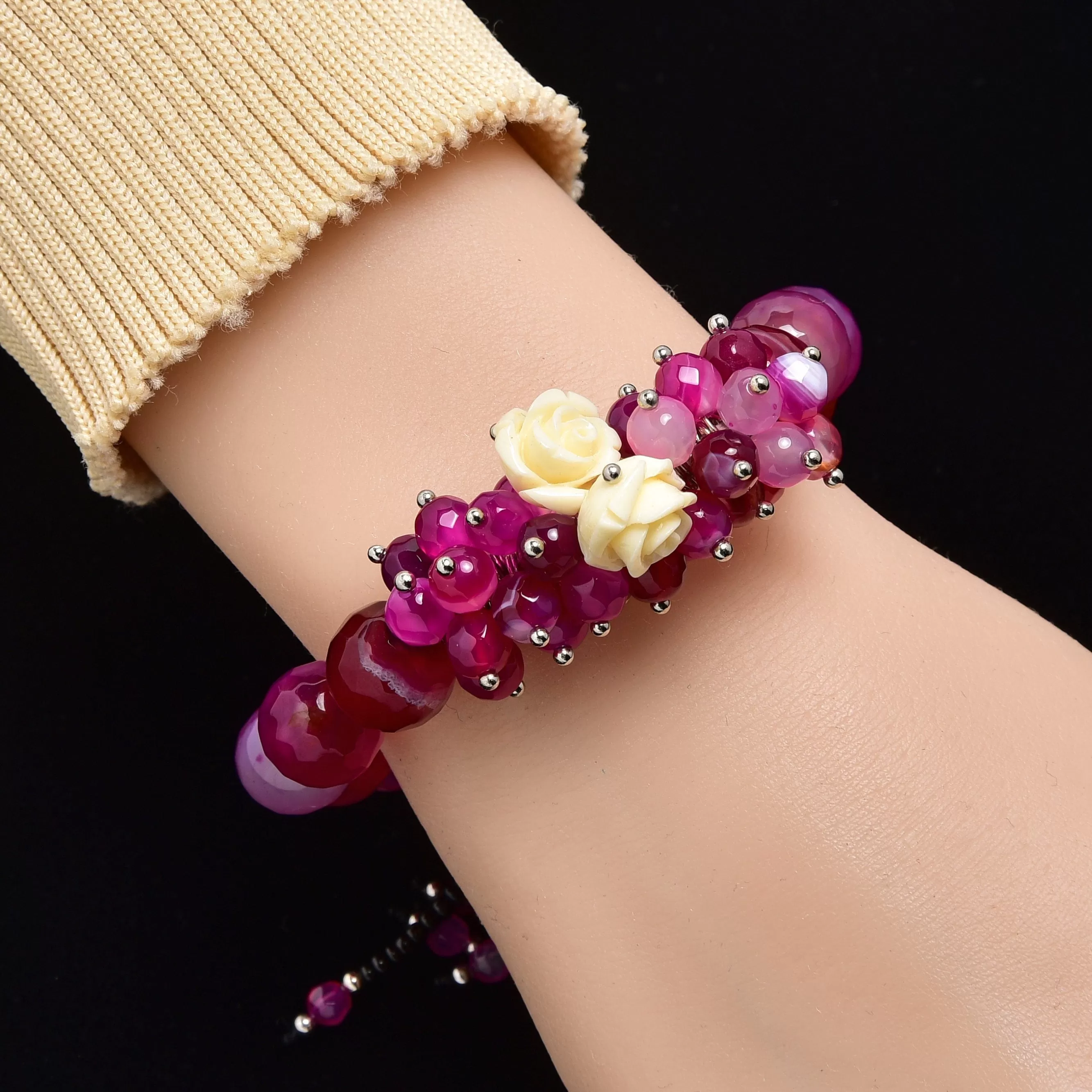 Faceted Pink Agate with Flower Accents 12mm Gemstone Bead Elastic Bracelet