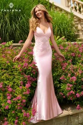 Faviana style 11002 Satin Long Dress With Beaded Lace Appliqué