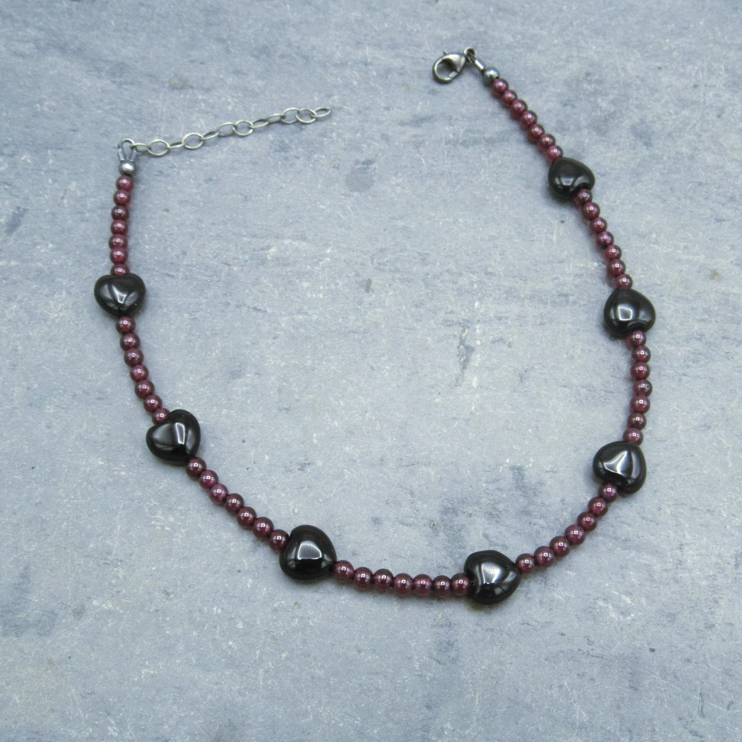 Garnet gemstones and Onyx Hearts Anklet with Oxidized Sterling