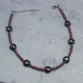 Garnet gemstones and Onyx Hearts Anklet with Oxidized Sterling