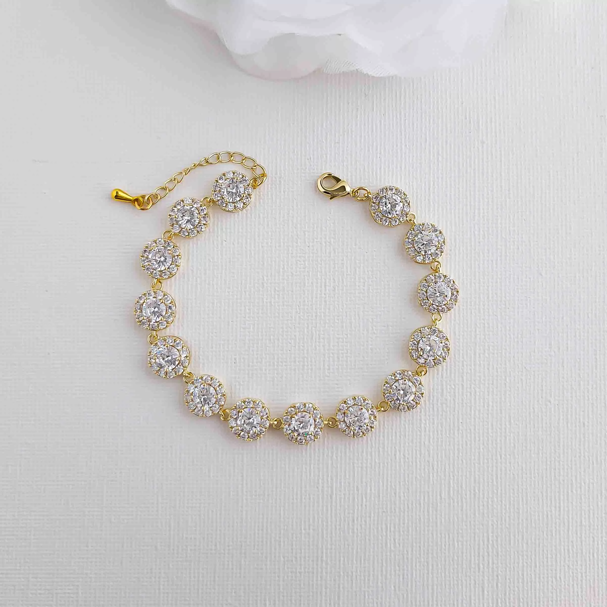 Gold Bridal Bracelet for Weddings in Round Cubic Zirconia -Cristle