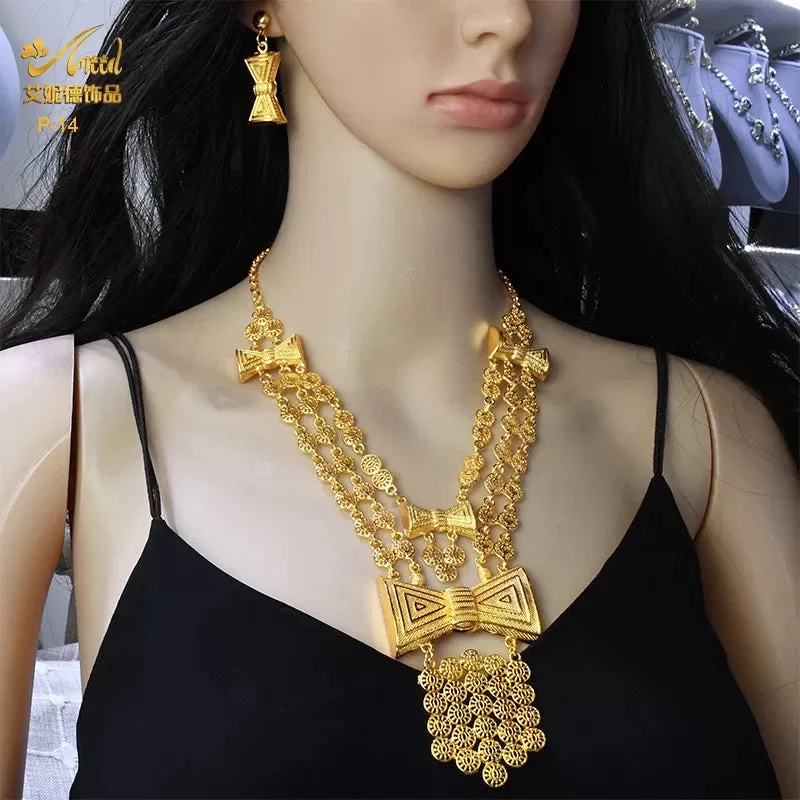 Gold Colour Plated 2PCS Sets Necklace Earrings For Women