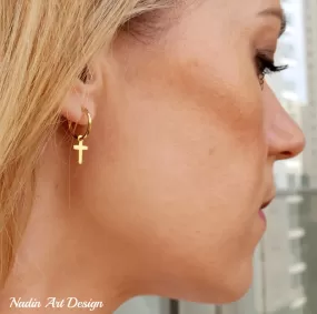 Gold cross hoop earrings