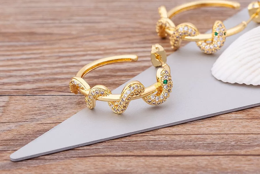 Gold Micro-Pave CZ Coiled Snake Hoop Earrings