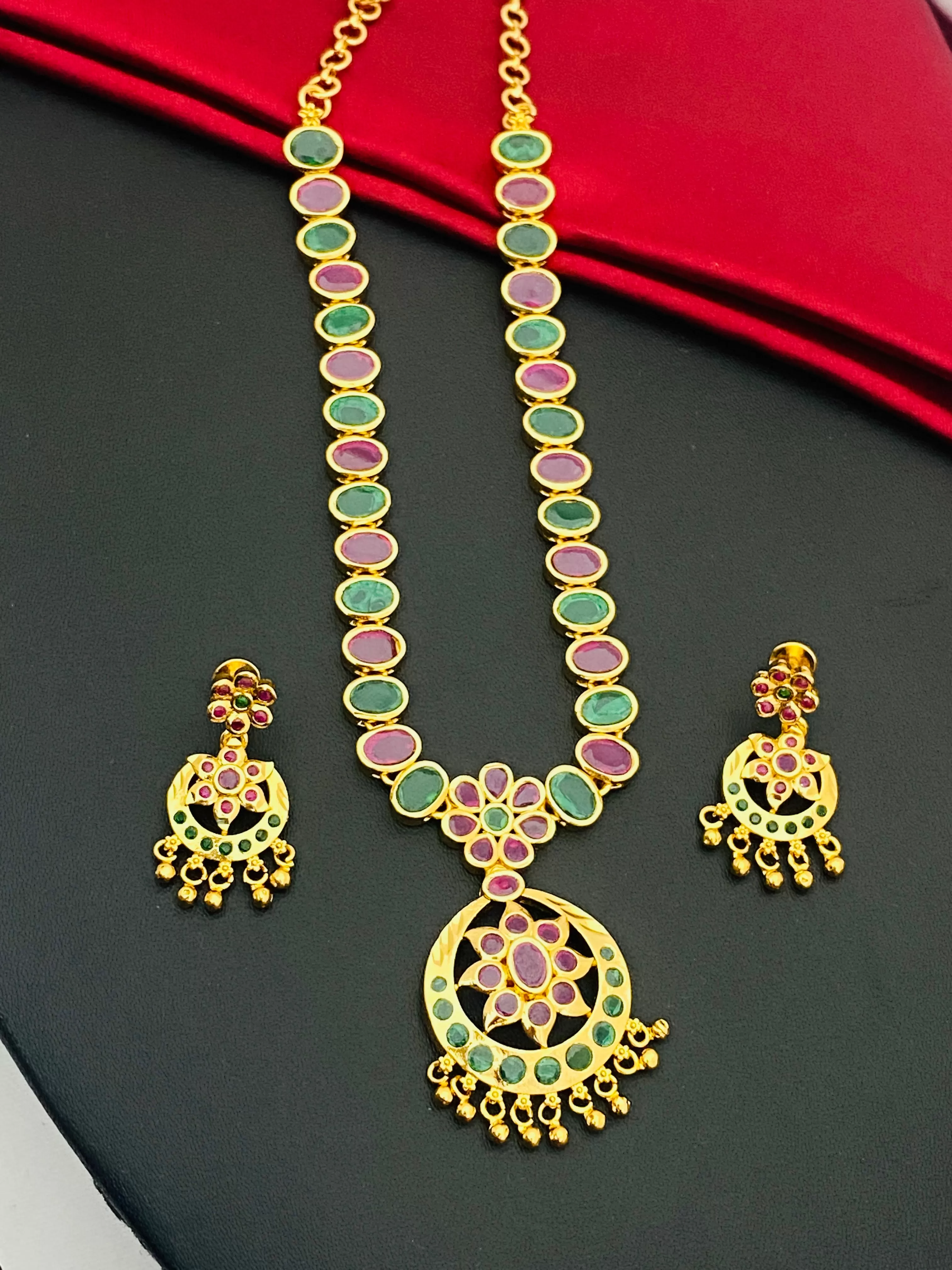 Gorgeous Multi Color Gold Plated Necklace With Earring Sets