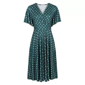 Green & Off White Polka Dot V Wrap Style Swing Dress with Waterfall Sleeves