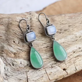 Green Burma Jade Earrings - Blue Chalcedony Drop Earrings - .925 Sterling Silver