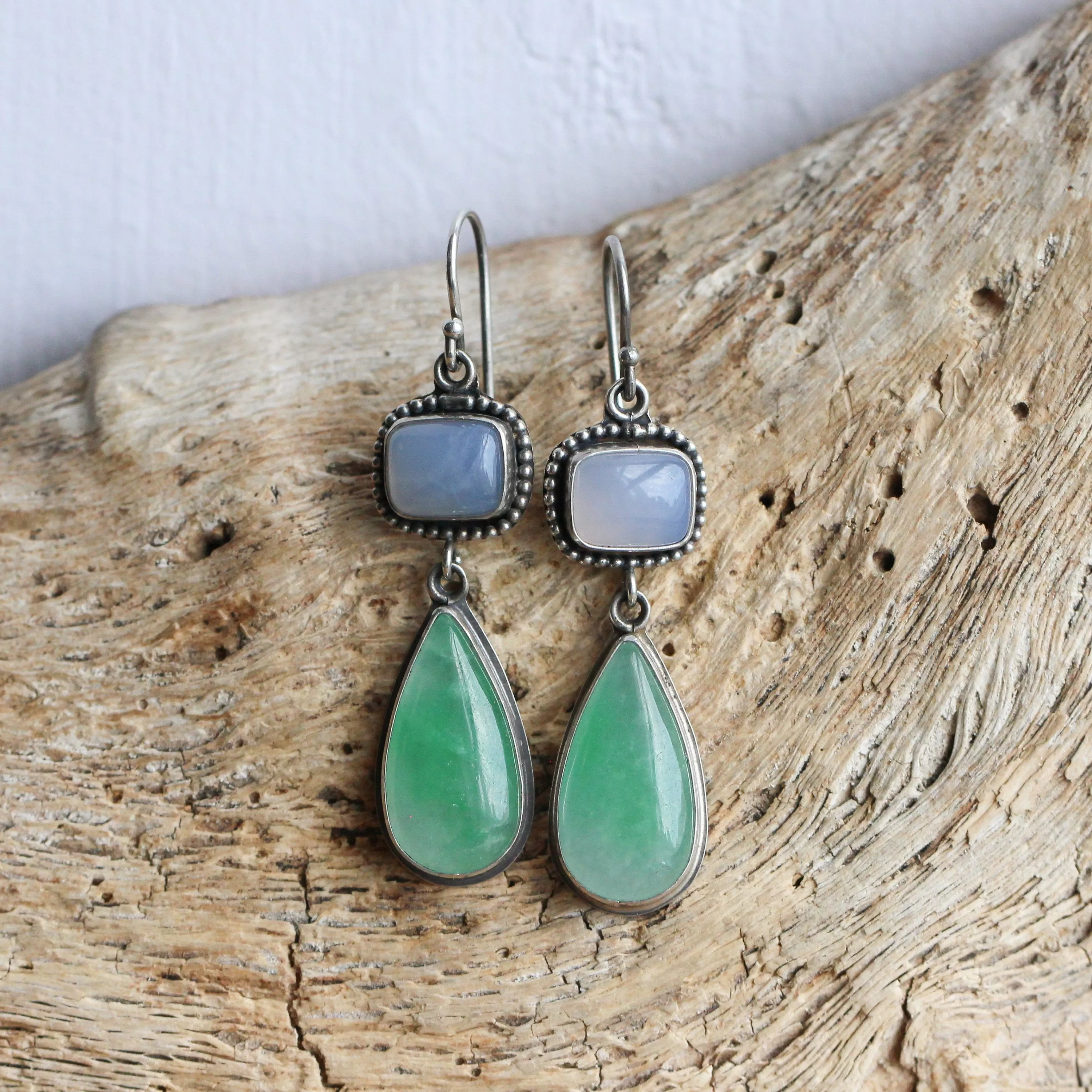 Green Burma Jade Earrings - Blue Chalcedony Drop Earrings - .925 Sterling Silver