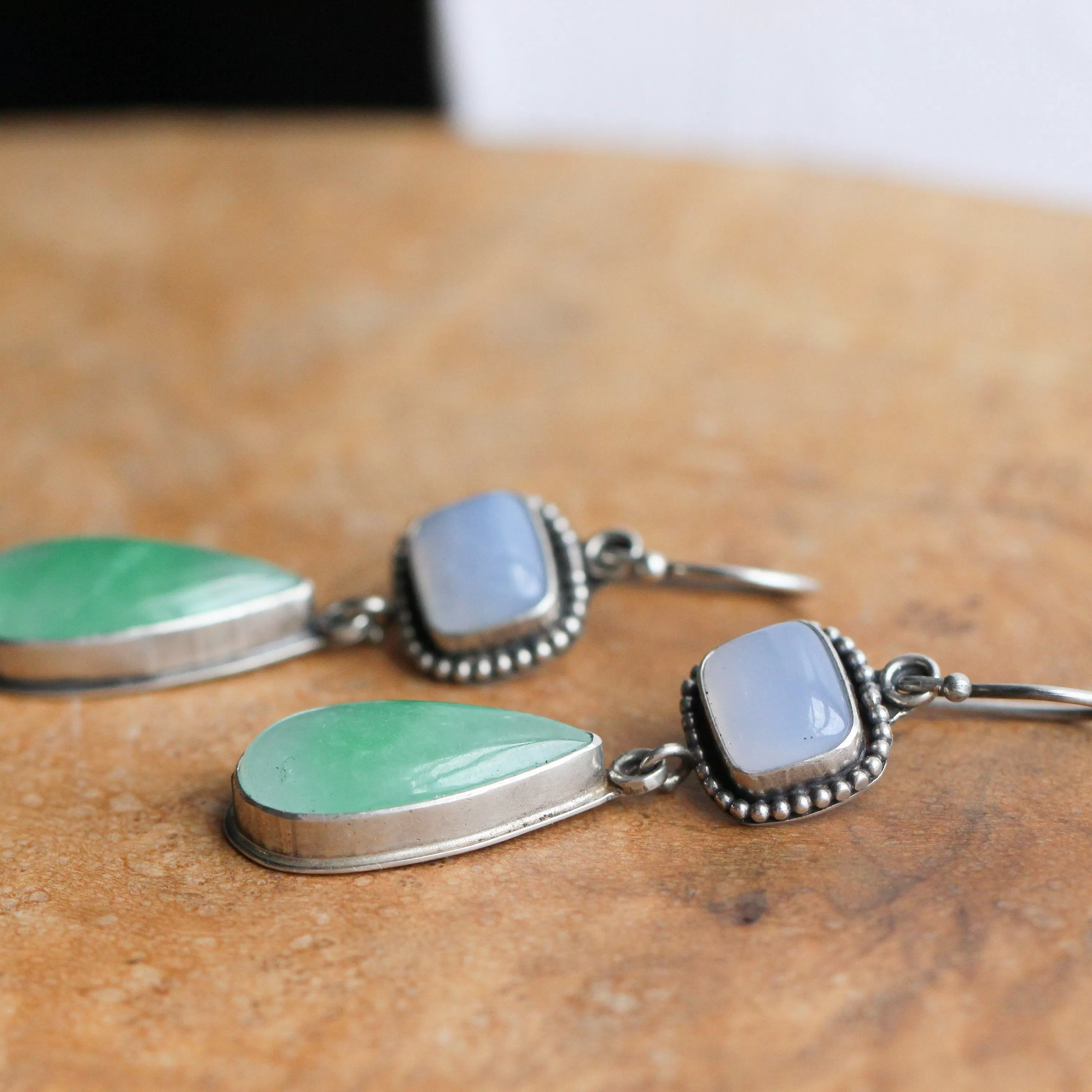 Green Burma Jade Earrings - Blue Chalcedony Drop Earrings - .925 Sterling Silver