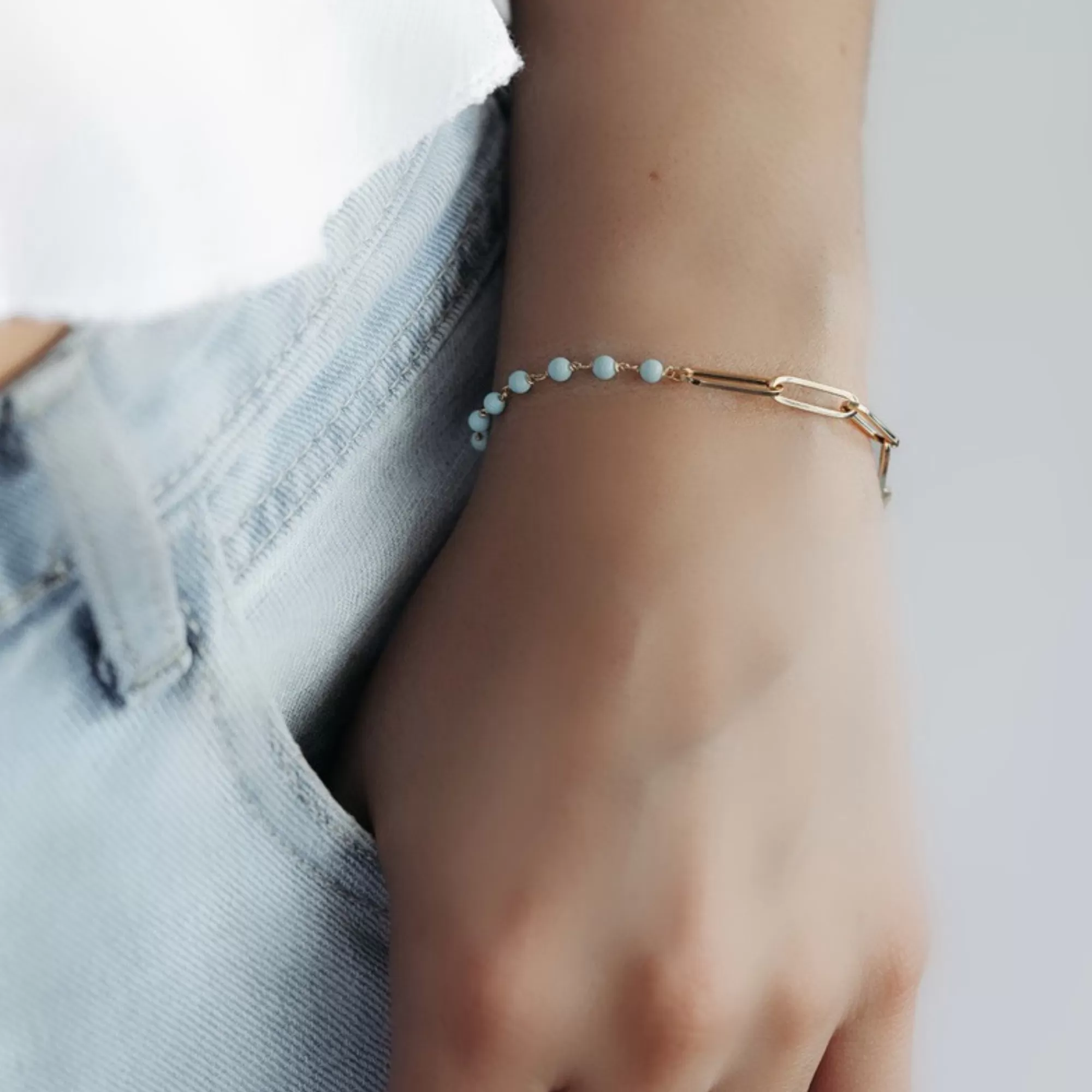 Half & Half Turquoise Bead and Paperclip Chain Bracelet