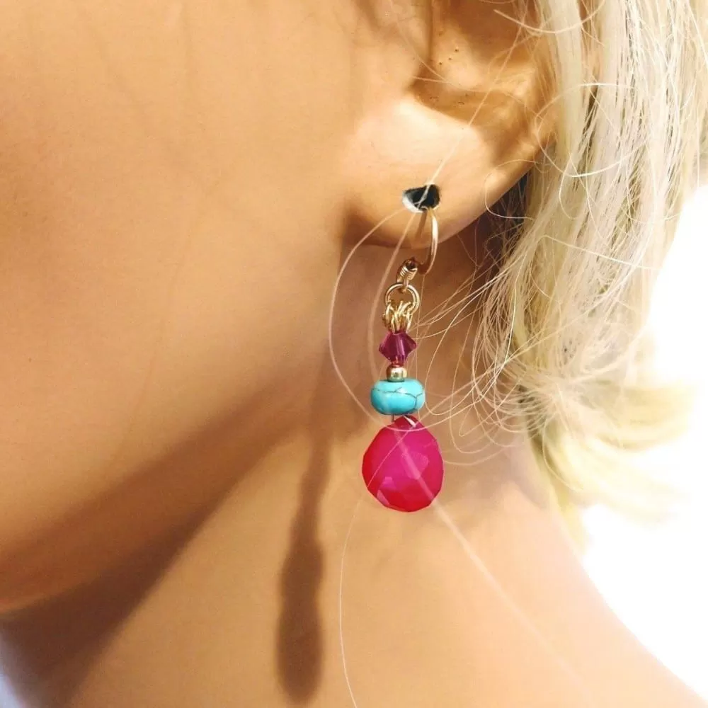 Handcrafted 14K Gold-Filled Gemstone Earrings with Hot Pink Chalcedony and Turquoise