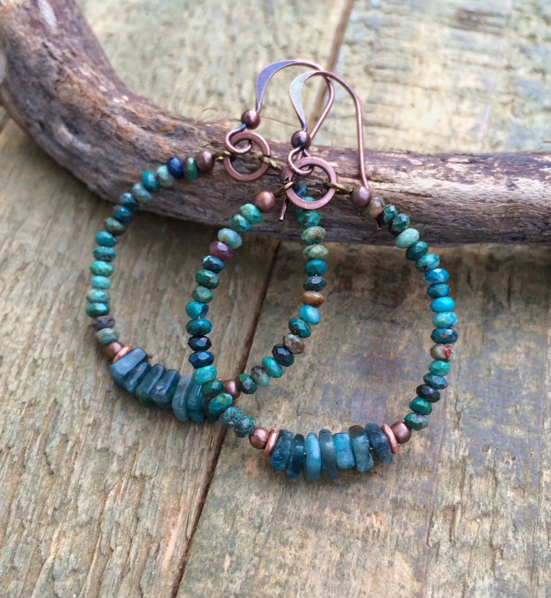 Hoop Earrings with Beads, Apatite and Chrysocolla Boho Beaded Earrings, Blue Beaded Jewelry, Colorful Hoop Jewelry, Chrysocolla Earrings