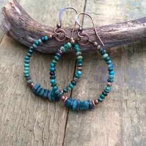 Hoop Earrings with Beads, Apatite and Chrysocolla Boho Beaded Earrings, Blue Beaded Jewelry, Colorful Hoop Jewelry, Chrysocolla Earrings