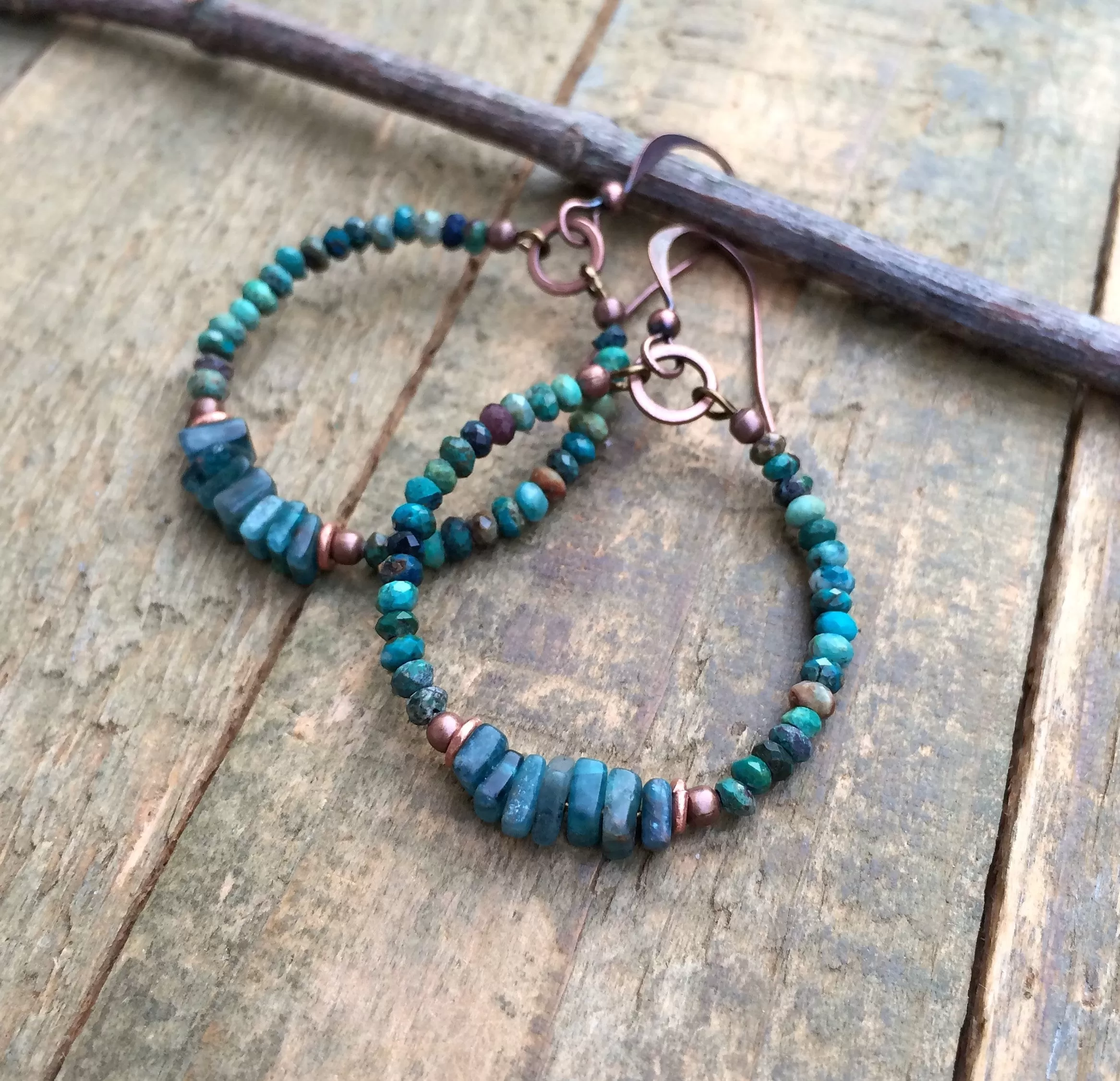 Hoop Earrings with Beads, Apatite and Chrysocolla Boho Beaded Earrings, Blue Beaded Jewelry, Colorful Hoop Jewelry, Chrysocolla Earrings