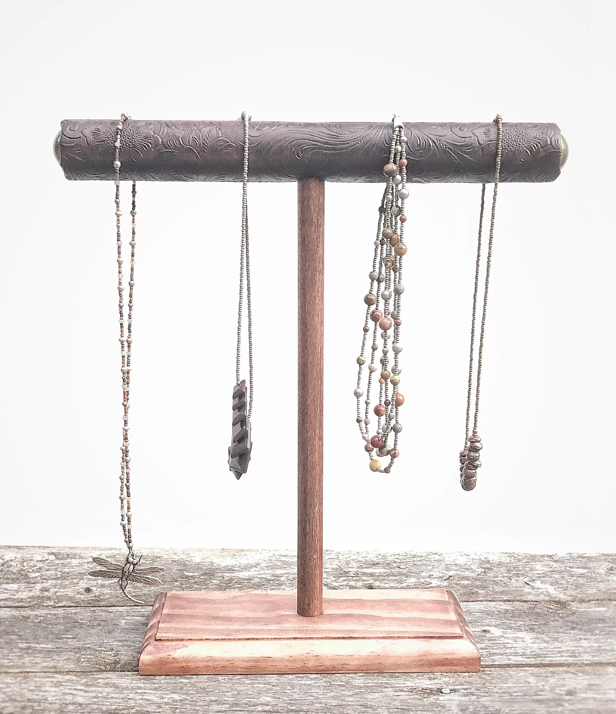 Jewelry Display, Necklace Holder, Necklace Stand, T-Bar Stand, Jewelry Storage, Bracelet Stand, Wood Jewelry Stand, Brown Western Tooled Vinyl