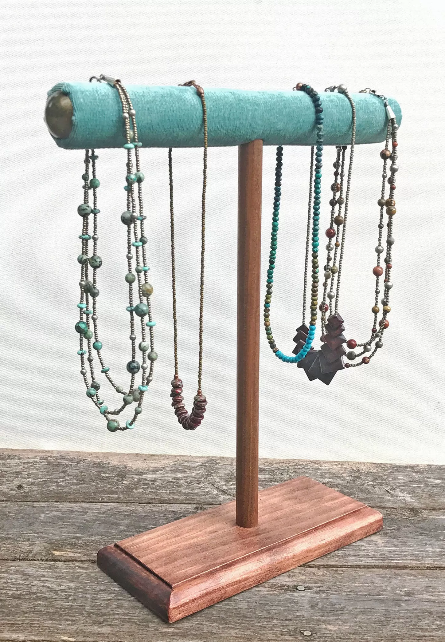 Jewelry Display, Necklace Holder, Necklace Stand, T-Bar Stand, Jewelry Storage, Bracelet Stand, Wood Jewelry Stands, Blue Green Velvet