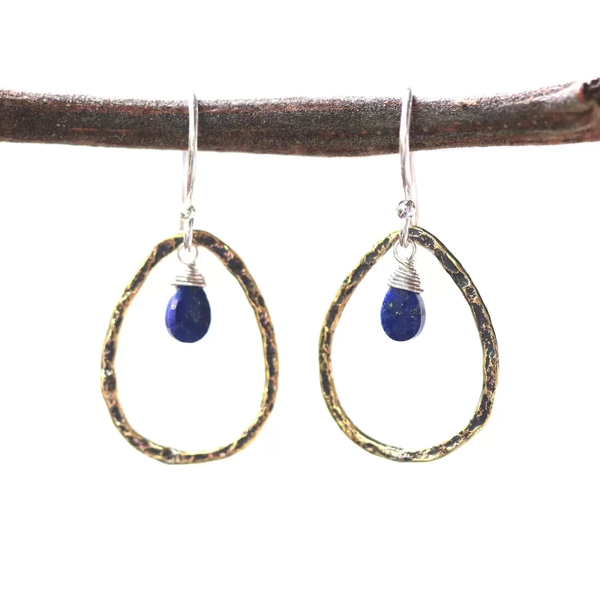 Lapis lazuli earrings and oxidized brass teardrop shape in hammer textured on sterling silver hook style