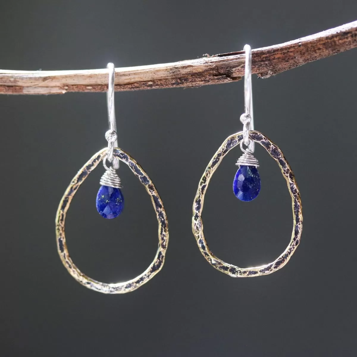 Lapis lazuli earrings and oxidized brass teardrop shape in hammer textured on sterling silver hook style