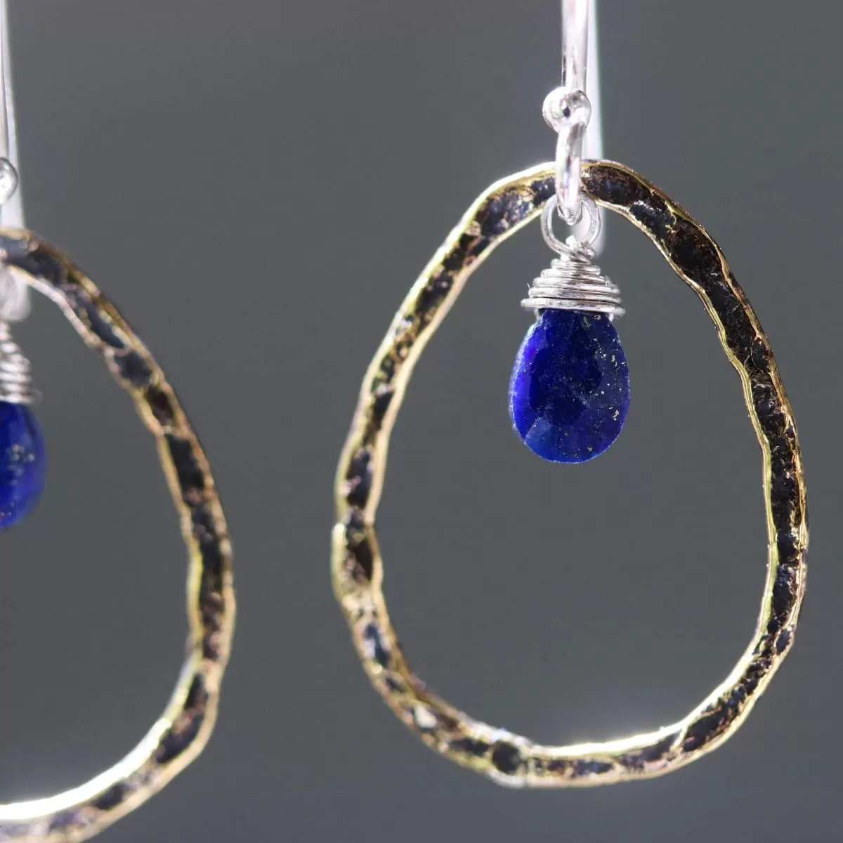 Lapis lazuli earrings and oxidized brass teardrop shape in hammer textured on sterling silver hook style