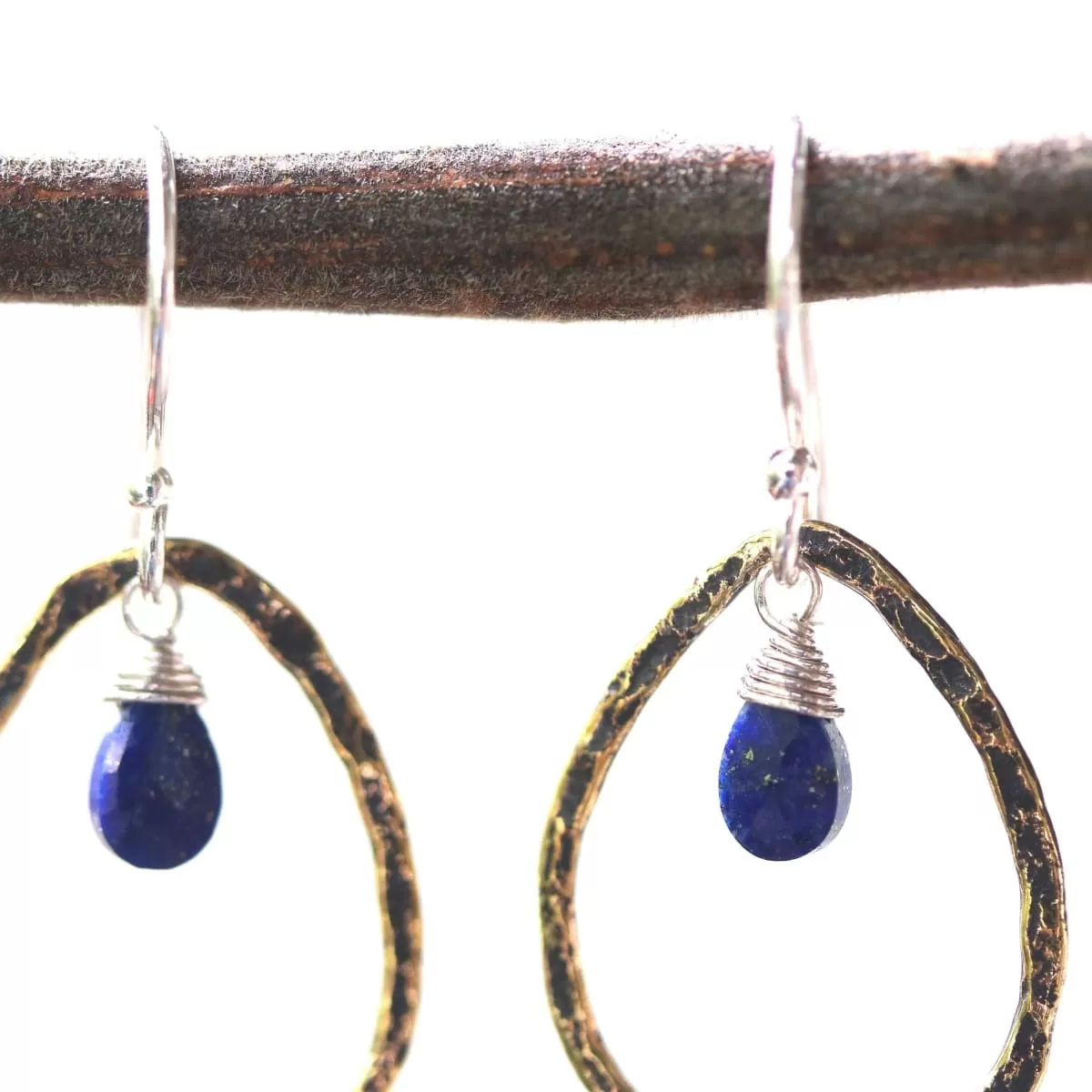 Lapis lazuli earrings and oxidized brass teardrop shape in hammer textured on sterling silver hook style