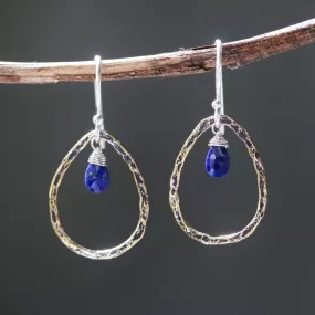 Lapis lazuli earrings and oxidized brass teardrop shape in hammer textured on sterling silver hook style