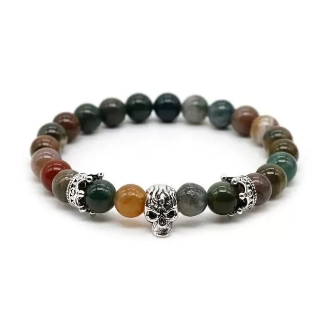 Lava Rock Stone Skull and Crown Beaded Bracelet