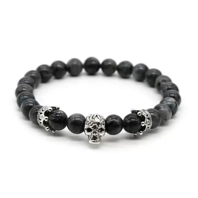 Lava Rock Stone Skull and Crown Beaded Bracelet