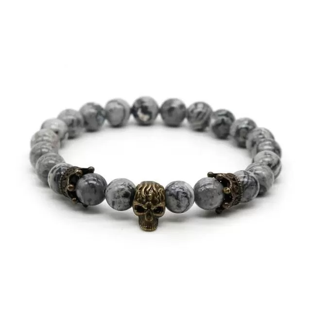 Lava Rock Stone Skull and Crown Beaded Bracelet