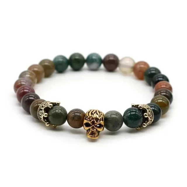 Lava Rock Stone Skull and Crown Beaded Bracelet