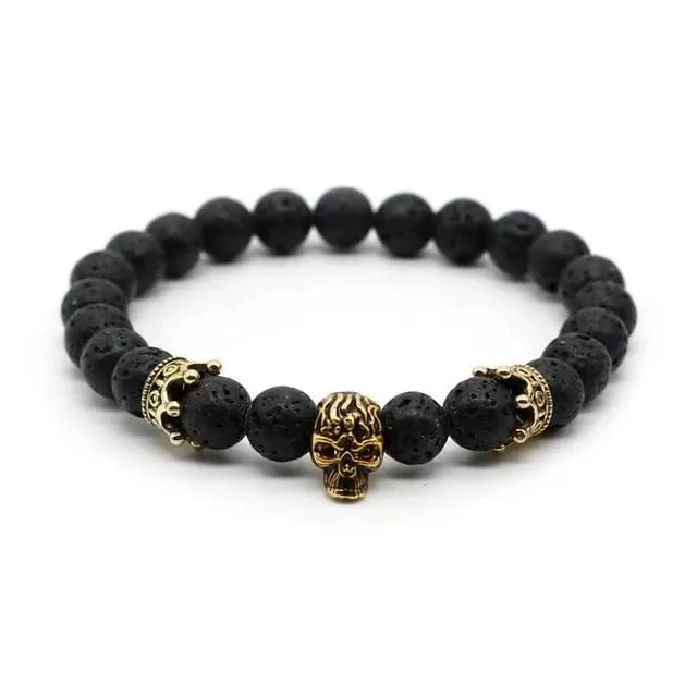 Lava Rock Stone Skull and Crown Beaded Bracelet