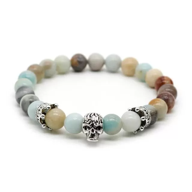 Lava Rock Stone Skull and Crown Beaded Bracelet