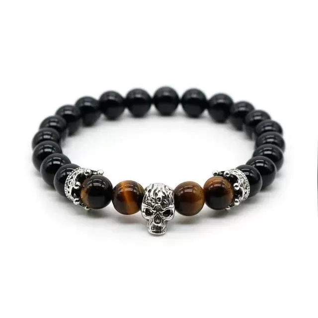 Lava Rock Stone Skull and Crown Beaded Bracelet