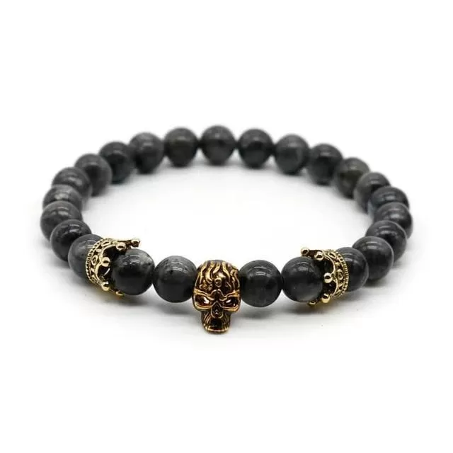 Lava Rock Stone Skull and Crown Beaded Bracelet