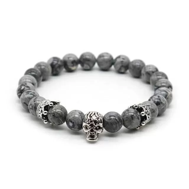 Lava Rock Stone Skull and Crown Beaded Bracelet