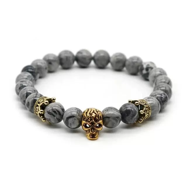 Lava Rock Stone Skull and Crown Beaded Bracelet